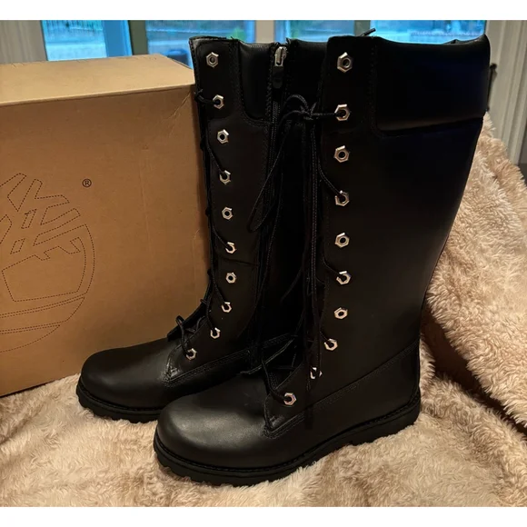 Women's Timberland Tall Boots Size 6.5 Black Leather Lace Up (youth 4.5) - Picture 2 of 8
